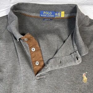 POLO Ralph Lauren Mens Long Sleeve Gray Knit Polo pull over Shirt Brown Pony XXL